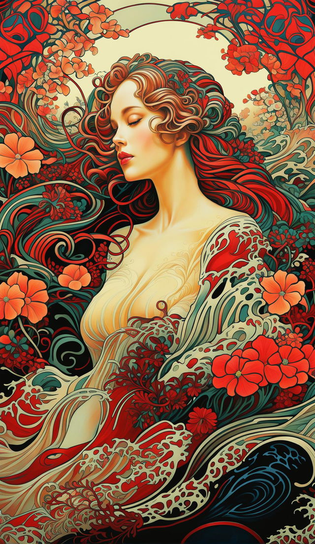 Art Nouveau digital art featuring an elongated woman surrounded by intricate floral motifs in warm colors.