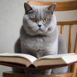 Generate an image of a sophisticated British Shorthair cat, perched on a chair, intently studying a large open book.