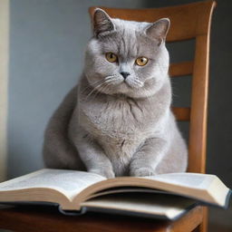 Generate an image of a sophisticated British Shorthair cat, perched on a chair, intently studying a large open book.