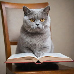 Generate an image of a sophisticated British Shorthair cat, perched on a chair, intently studying a large open book.