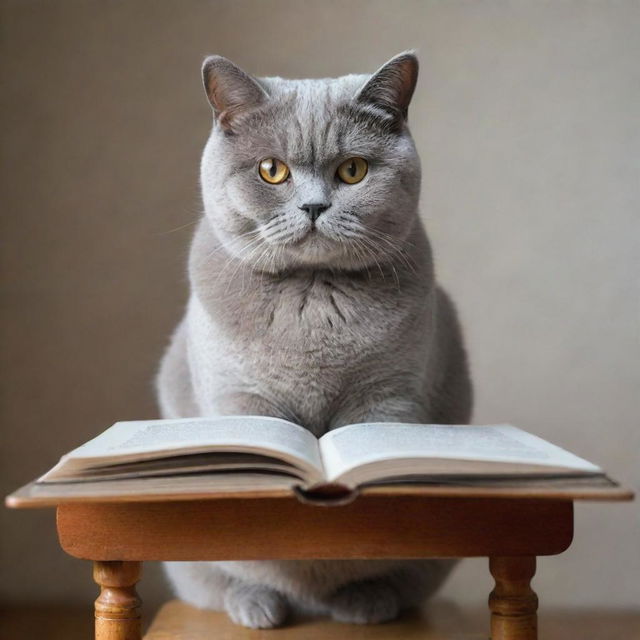 Generate an image of a sophisticated British Shorthair cat, perched on a chair, intently studying a large open book.