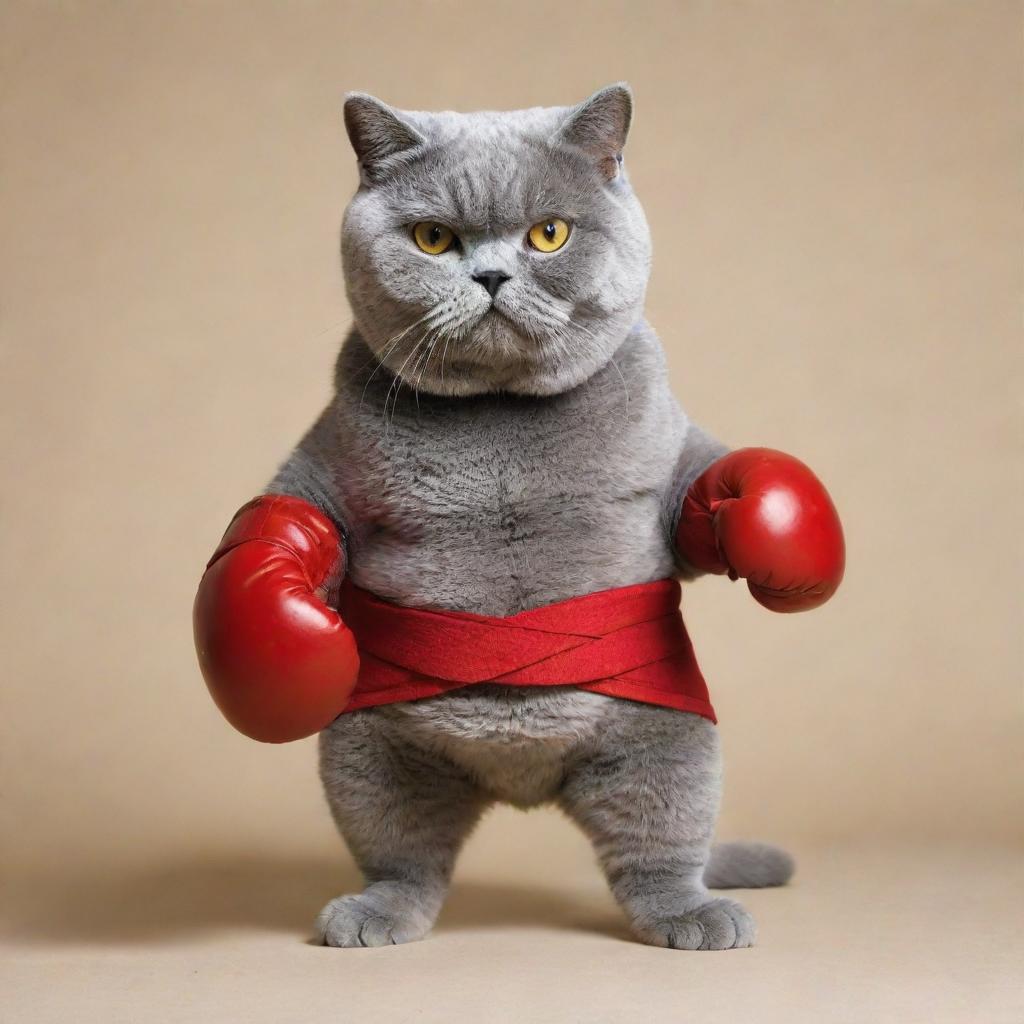 Create an image of a British Shorthair cat humorously dressed in boxing gear, with a determined expression.