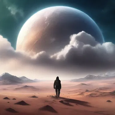 In the futuristic world of the novel, the protagonist walked alone on a desolate planet, staring at the distant cloud bank that always hung in the sky.