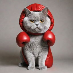 Create an image of a British Shorthair cat humorously dressed in boxing gear, with a determined expression.