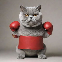 Create an image of a British Shorthair cat humorously dressed in boxing gear, with a determined expression.