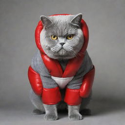 Create an image of a British Shorthair cat humorously dressed in boxing gear, with a determined expression.