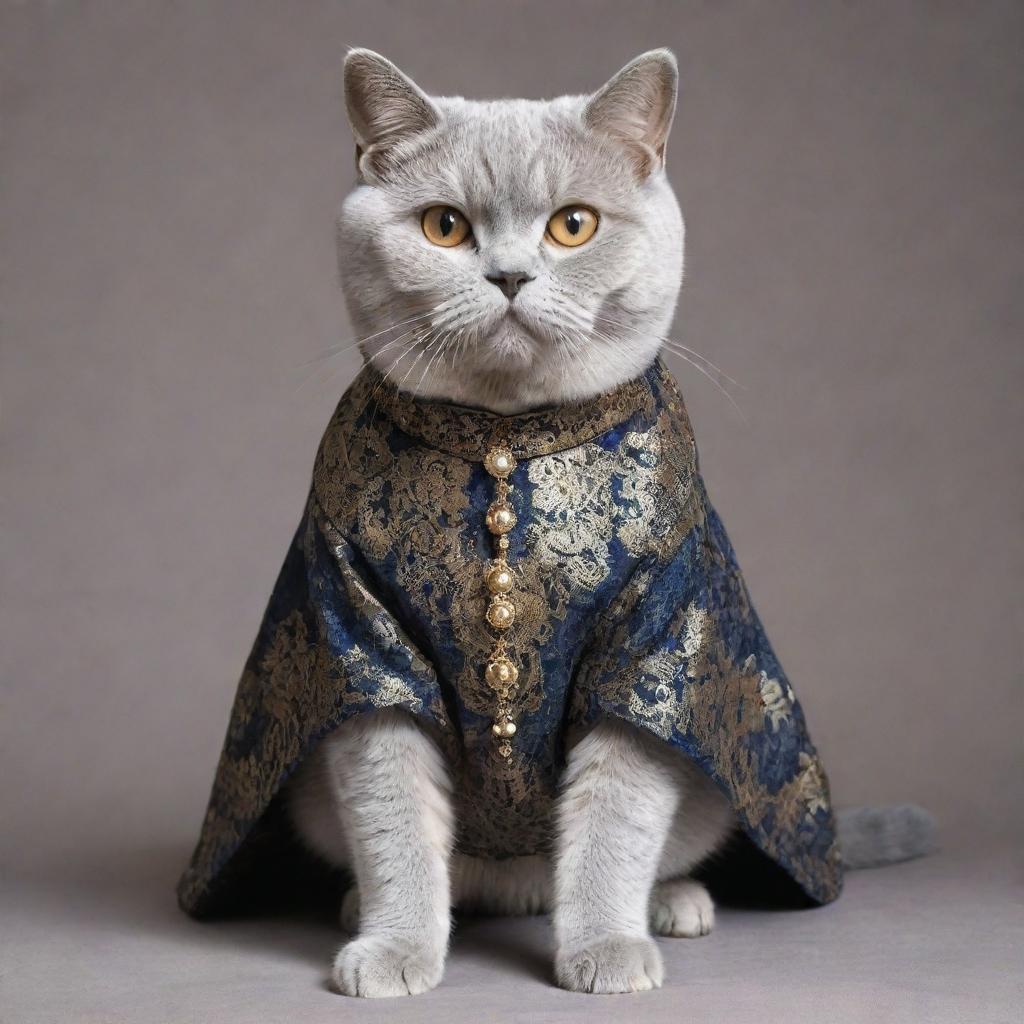 Generate an image of a British Shorthair cat elegantly wearing a traditional Islamic dress showcasing rich, ornate patterns.