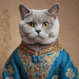 Generate an image of a British Shorthair cat elegantly wearing a traditional Islamic dress showcasing rich, ornate patterns.