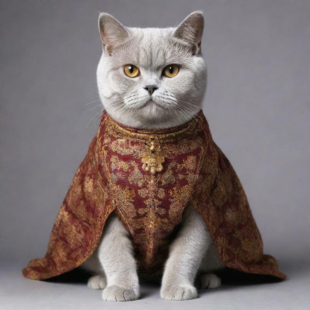 Generate an image of a British Shorthair cat elegantly wearing a traditional Islamic dress showcasing rich, ornate patterns.