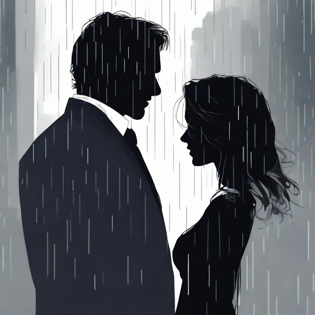 A high-quality digital art image, set against a gray background with a silhouette of a building and raindrops