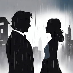 A high-quality digital art image, set against a gray background with a silhouette of a building and raindrops