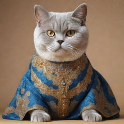 Generate an image of a British Shorthair cat elegantly wearing a traditional Islamic dress showcasing rich, ornate patterns.