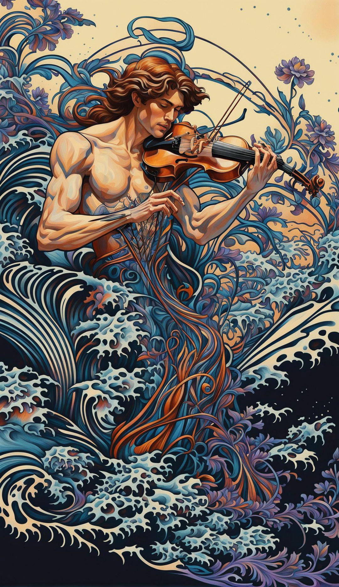 Art Nouveau digital art of a man playing a violin amidst swirling floral patterns in cool colors.