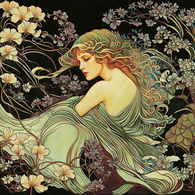 Art Nouveau illustration featuring an elegantly elongated woman surrounded by intricate floral motifs in soft pastels and earth tones.