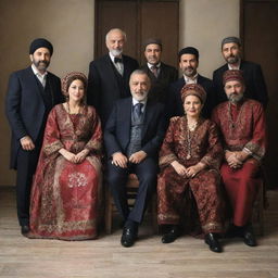 A group of distinguished Turkish actors posing for a photo shoot in traditional clothing.