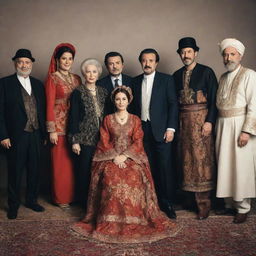 A group of distinguished Turkish actors posing for a photo shoot in traditional clothing.