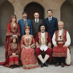 A group of distinguished Turkish actors posing for a photo shoot in traditional clothing.