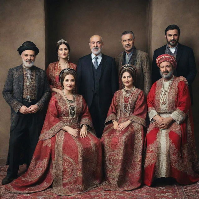 A group of distinguished Turkish actors posing for a photo shoot in traditional clothing.