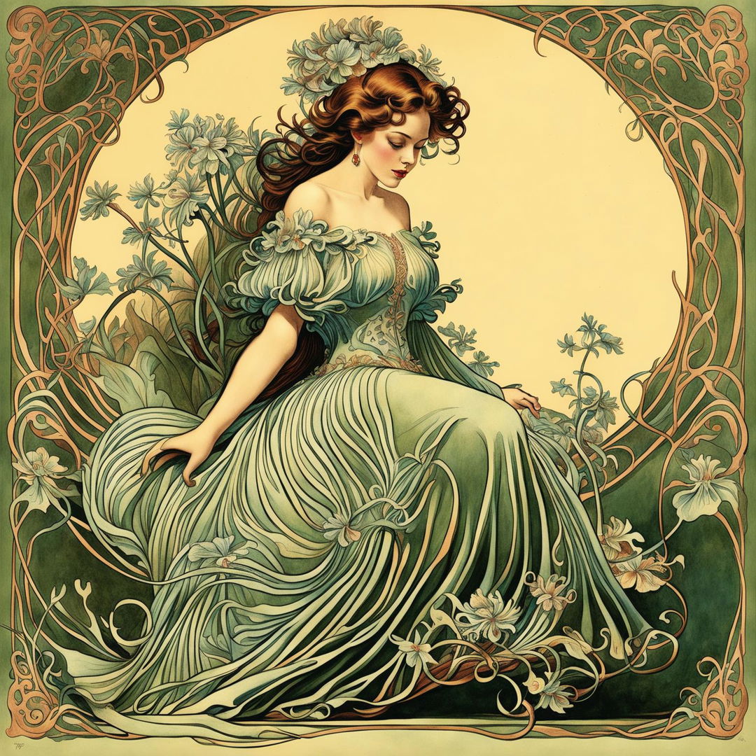 Art Nouveau fashion illustration featuring a woman in an elegant, flowing gown with intricate floral motifs.