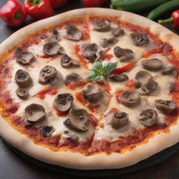 A delicious, steaming hot slice of pizza topped with succulent mushrooms and vibrant red bell peppers, with a backdrop of melting cheese