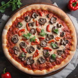 A delicious, steaming hot slice of pizza topped with succulent mushrooms and vibrant red bell peppers, with a backdrop of melting cheese