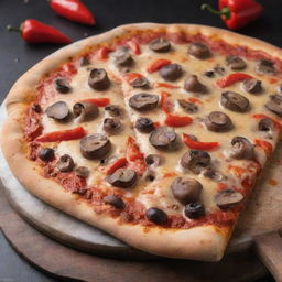 A delicious, steaming hot slice of pizza topped with succulent mushrooms and vibrant red bell peppers, with a backdrop of melting cheese