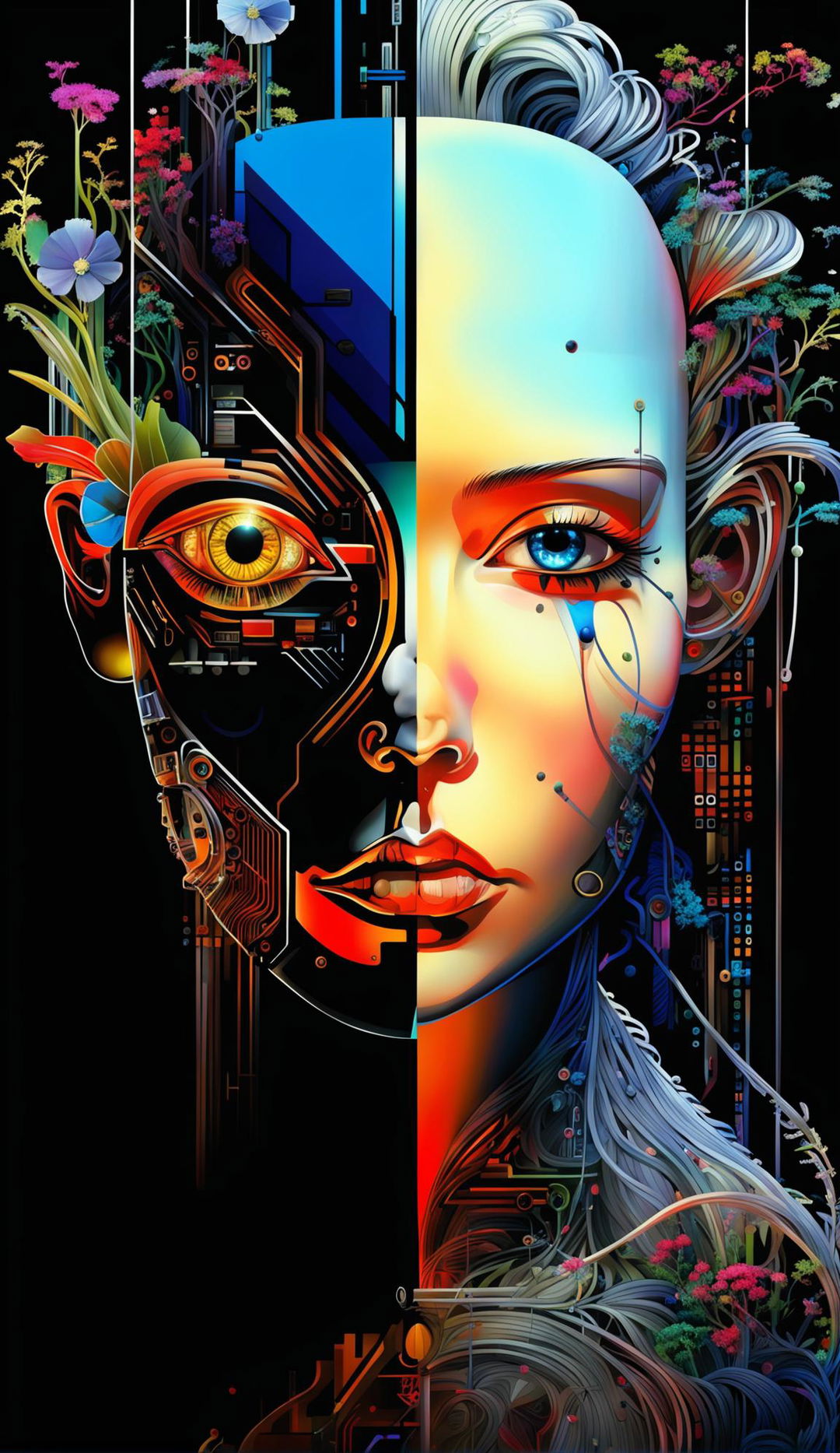 A digital art portrait blending organic and technological elements featuring a half-human, half-machine figure against a backdrop of a techno-organic landscape.