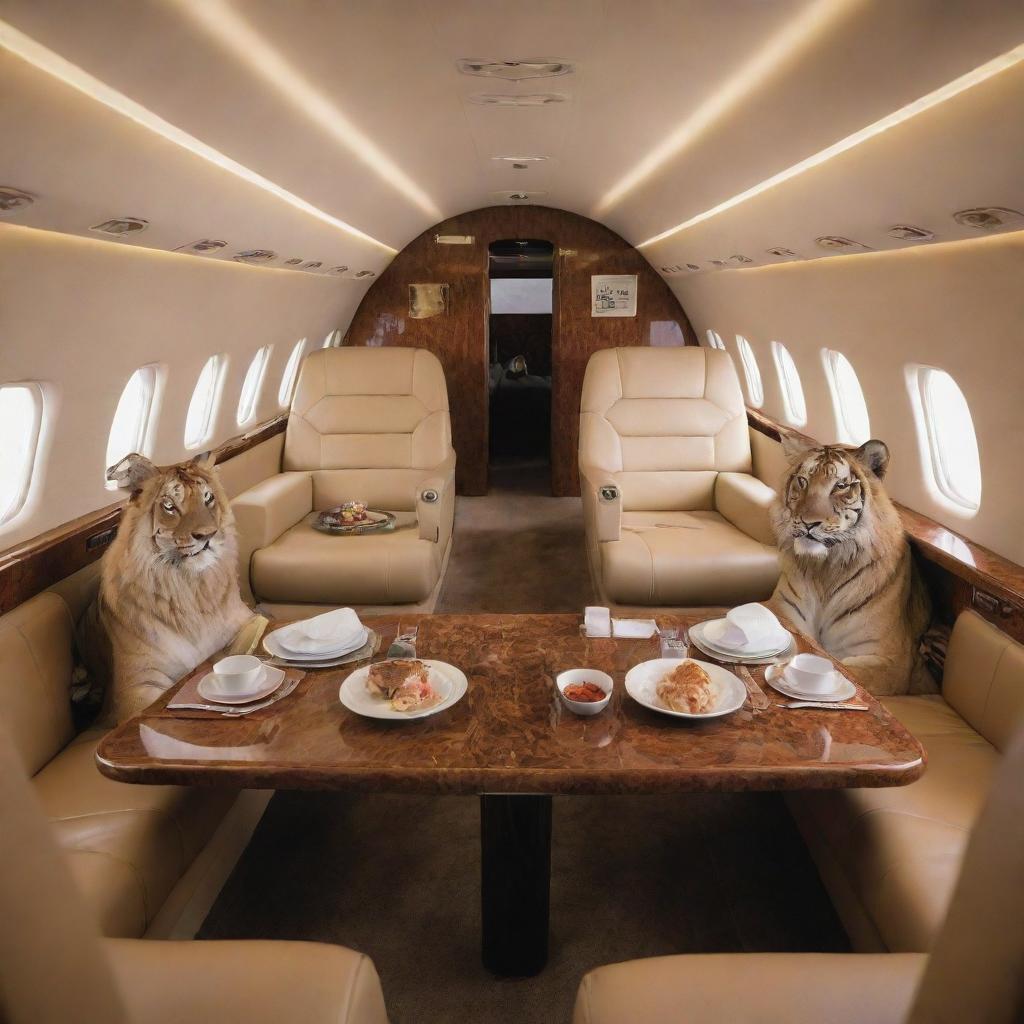 A private jet interior, luxurious and plush, housing regal lions and majestic tigers lounging. These big cats are engrossed in conversation and feasting on gourmet delights, signifying a unique, high-end dining adventure.