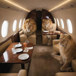 A private jet interior, luxurious and plush, housing regal lions and majestic tigers lounging. These big cats are engrossed in conversation and feasting on gourmet delights, signifying a unique, high-end dining adventure.