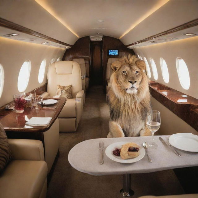 A private jet interior, luxurious and plush, housing regal lions and majestic tigers lounging. These big cats are engrossed in conversation and feasting on gourmet delights, signifying a unique, high-end dining adventure.