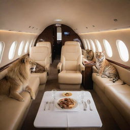 A private jet interior, luxurious and plush, housing regal lions and majestic tigers lounging. These big cats are engrossed in conversation and feasting on gourmet delights, signifying a unique, high-end dining adventure.