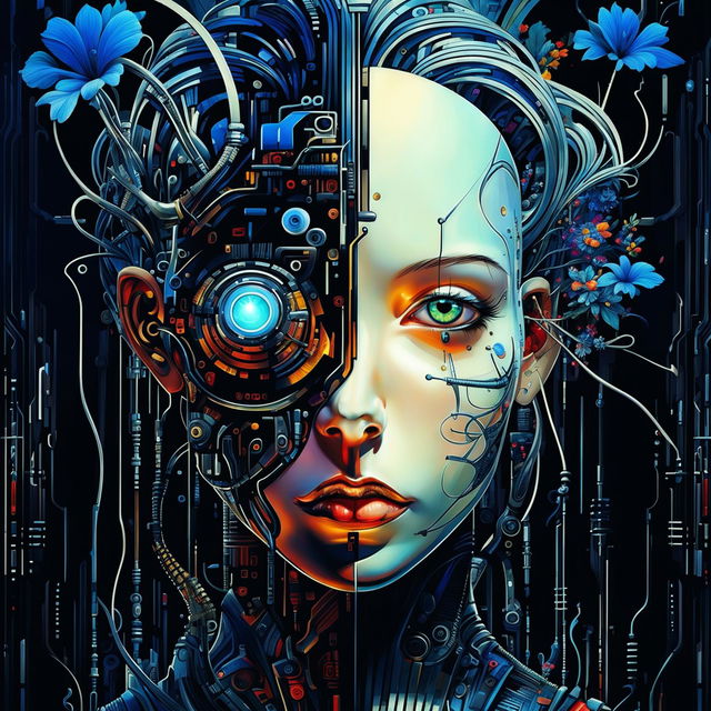 A digital art portrait blending organic and technological elements featuring a half-human, half-machine figure against a backdrop of a techno-organic landscape.