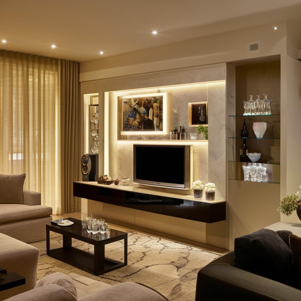 Elegant living room with plush sofa set, modern dining table, sleek wall unit for crystal display, a cozy minibar setup, and a central entertainment wall with a mounted TV and soundbar, bathed in soft, warm lighting.