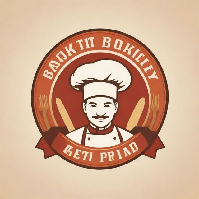 Logo for a restaurant bakery kitchen with warm colors and vintage style, encompassing elements like bread, a chef's hat, and utensils