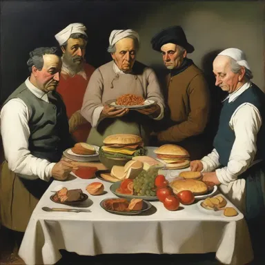 The painting depicts a group of food faddists gathered around a table, each one adhering to a different diet for a short period of time.