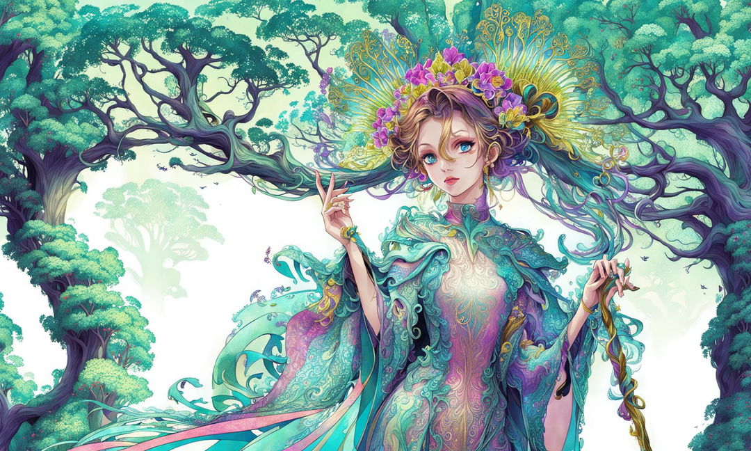 A Final Fantasy styled girl in an Art Nouveau and Rococo inspired dress stands in a fantastical landscape. She holds an ornate staff and her elaborate attire and jeweled hairpieces echo the intricate, organic patterns of the surrounding scenery.