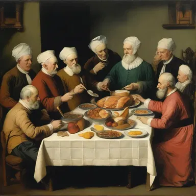The painting depicts a group of food faddists gathered around a table, each one adhering to a different diet for a short period of time.