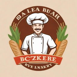 Logo for a restaurant bakery kitchen with depiction of tasty and nutritious food, welcoming atmosphere, combining elements like fresh baked bread, vegetables, and a chef's hat