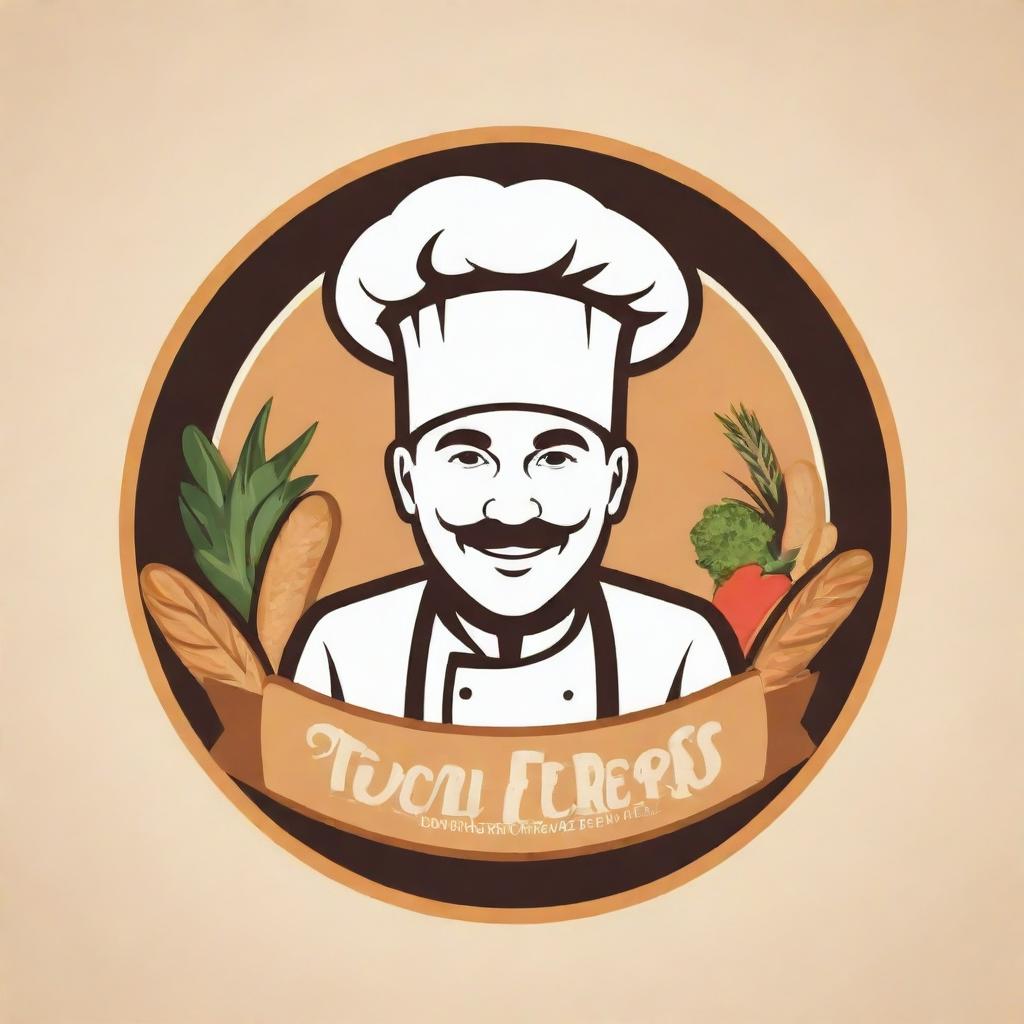 Logo for a restaurant bakery kitchen with depiction of tasty and nutritious food, welcoming atmosphere, combining elements like fresh baked bread, vegetables, and a chef's hat