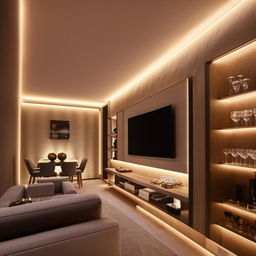 Elegant living room with plush sofa set, modern dining table, sleek wall unit for crystal display, a cozy minibar setup, and a central entertainment wall with a mounted TV and soundbar, bathed in soft, warm lighting.