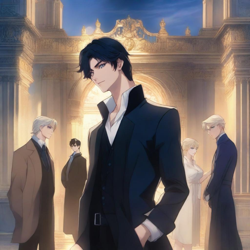 This is a digital art image of a mysterious, rich, young, handsome man with black hair and blue eyes, styled in an Anime-like manner, standing amidst shadows in front of a grand, golden-lit city gate