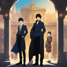 This is a digital art image of a mysterious, rich, young, handsome man with black hair and blue eyes, styled in an Anime-like manner, standing amidst shadows in front of a grand, golden-lit city gate