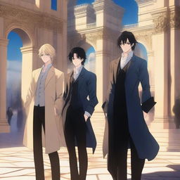 This is a digital art image of a mysterious, rich, young, handsome man with black hair and blue eyes, styled in an Anime-like manner, standing amidst shadows in front of a grand, golden-lit city gate