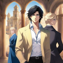 This is a digital art image of a mysterious, rich, young, handsome man with black hair and blue eyes, styled in an Anime-like manner, standing amidst shadows in front of a grand, golden-lit city gate