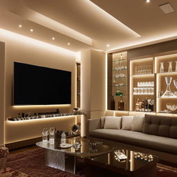 Elegant living room with plush sofa set, modern dining table, sleek wall unit for crystal display, a cozy minibar setup, and a central entertainment wall with a mounted TV and soundbar, bathed in soft, warm lighting.