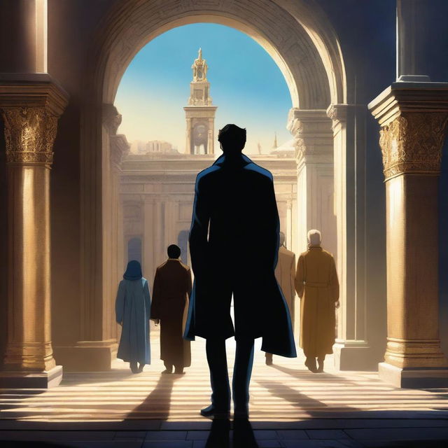 This is a high-quality digital art image featuring a mysterious, modern, rich, young man with black hair and blue eyes, standing in shadows before a grand city gate bathed in light and brilliant gold