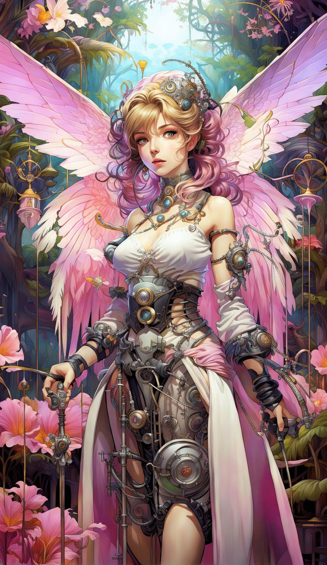 A Final Fantasy styled girl in a pink and white Art Nouveau, Rococo, and Steampunk inspired dress stands amidst a shower of raindrops, fairy lights, and particles. The entire scene is bathed in shades of pink and white, creating a magical atmosphere.