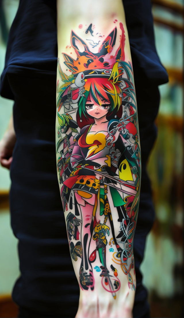 High-resolution photograph of a young woman's vibrant anime-inspired tattoo taken with a Lumix GH5 camera using a 105mm lens. The image has a 2:1 aspect ratio, shutter speed of 200, and contrast set at 80.