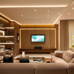 Elegant living room with plush sofa set, modern dining table, sleek wall unit for crystal display, a cozy minibar setup, and a central entertainment wall with a mounted TV and soundbar, bathed in soft, warm lighting.