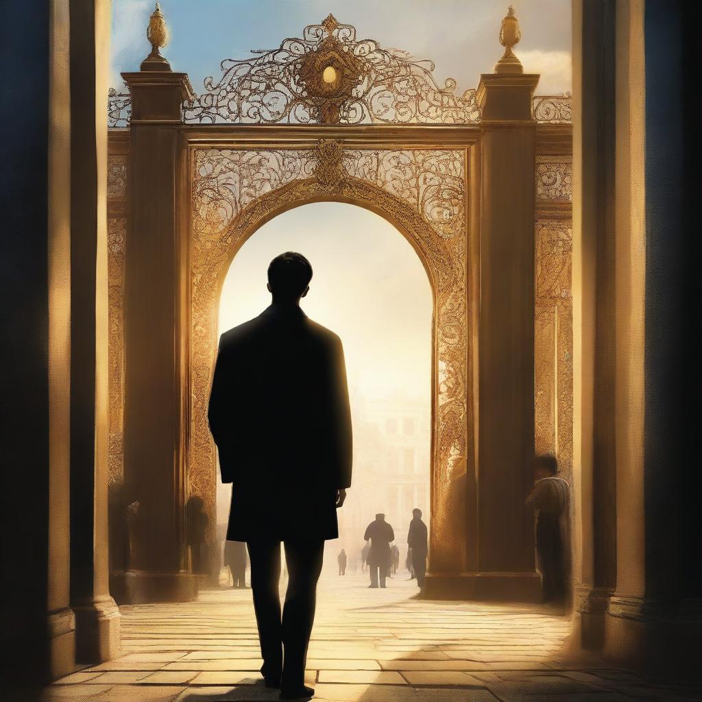 This is a captivating, high-quality book cover image depicting a modern, affluent cityscape bathed in golden light with a grand entrance gate casting long shadows